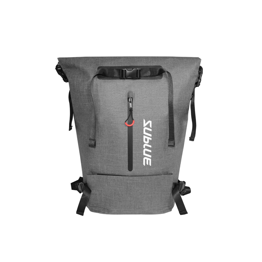 Gray waterproof 30L roll-top backpack front view with top handle, buckles, and straps