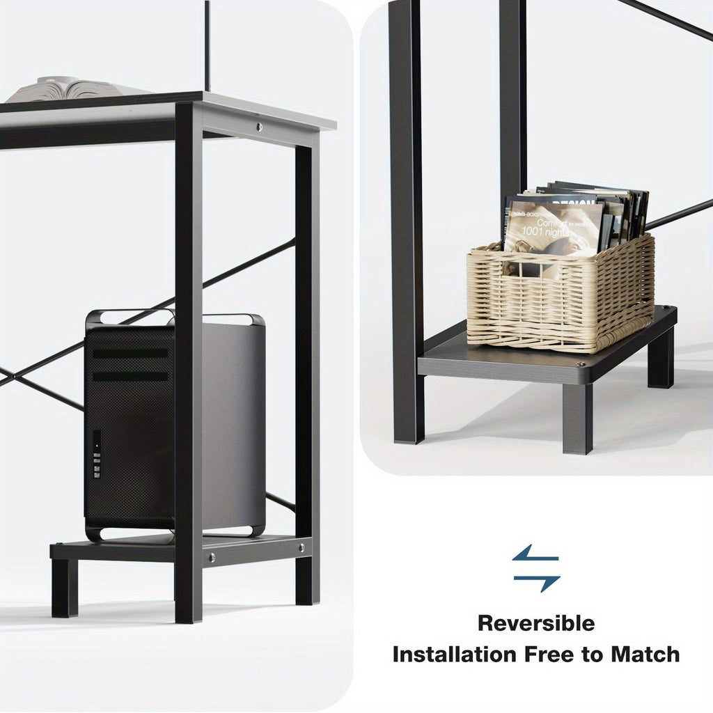 L-shaped corner desk with side shelf and storage bag, reversible installation concept