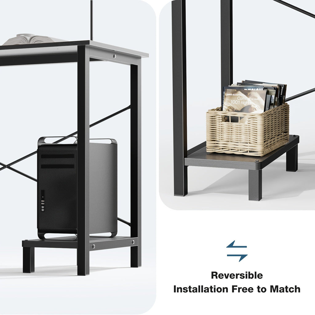 Reversible L-shaped corner desk with side shelf holding a storage basket and bag