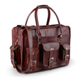 Brown leather briefcase with two front flap pockets and silver-tone buckles