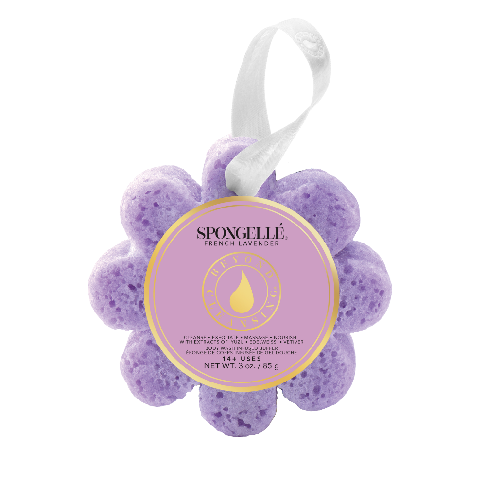 Purple flower-shaped buffer sponge with circular label and white hanging ribbon