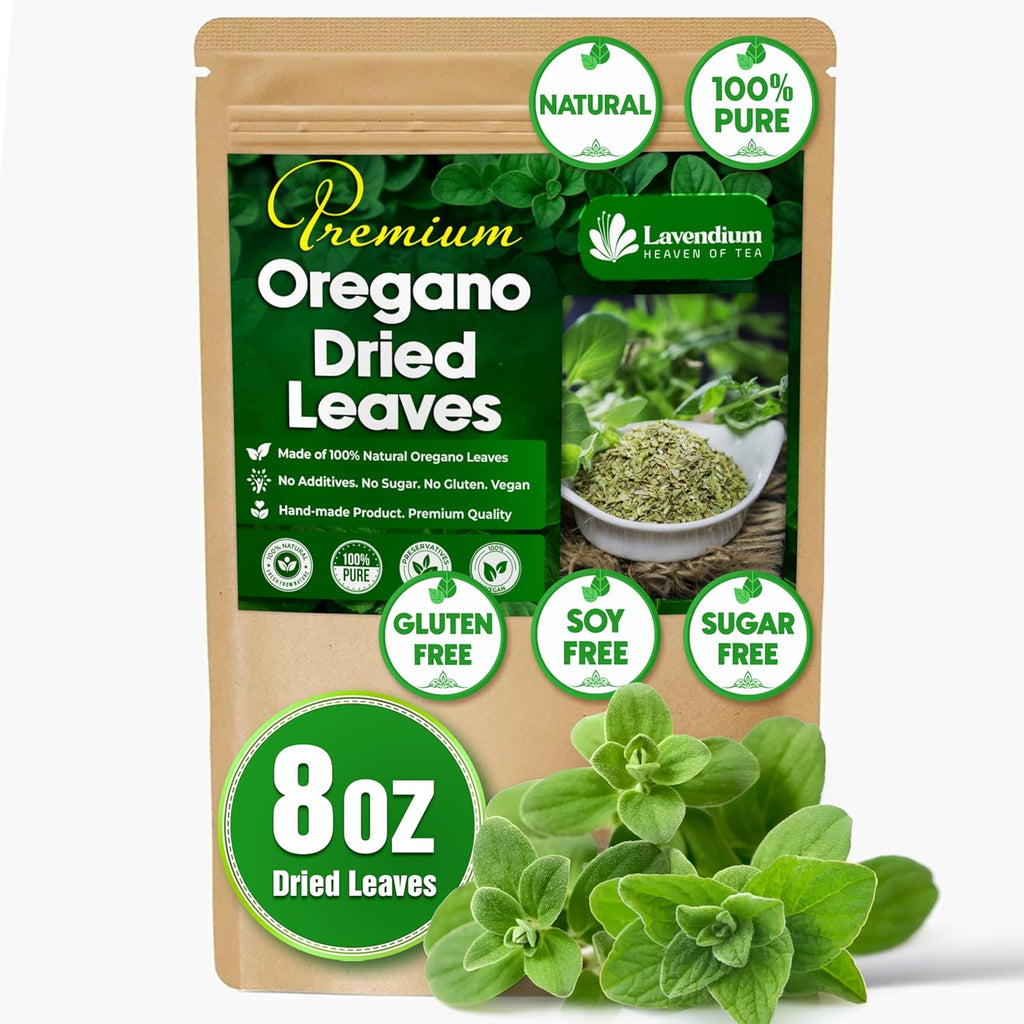 Dried oregano leaves pouch with 8 oz label and green oregano sprigs