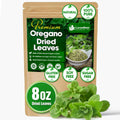 Dried oregano leaves pouch with 8 oz label and green oregano sprigs
