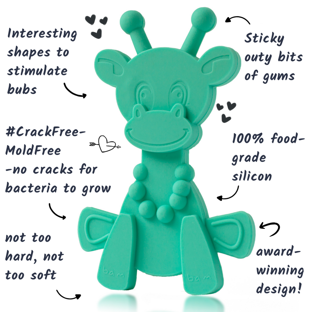 Turquoise bear-shaped baby teething toy with bumpy nodules and arm handles