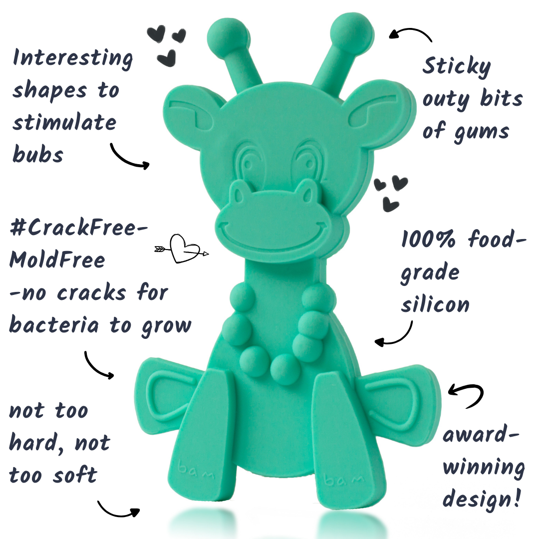 Turquoise bear-shaped baby teething toy with bumpy nodules and arm handles