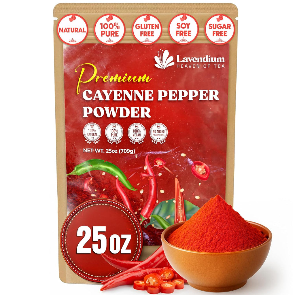 Cayenne pepper powder pouch with red chili peppers and a bowl of ground cayenne