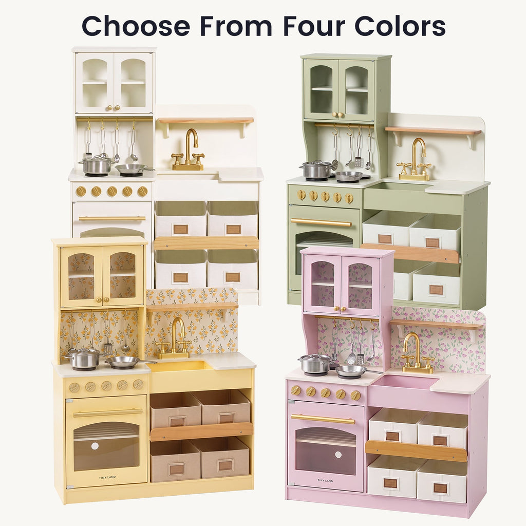 Four-color wooden play kitchens: cream, sage, sakura pink, pale yellow with accessories