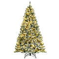 Pre-lit snow flocked Christmas tree with warm yellow lights and metal stand, standalone