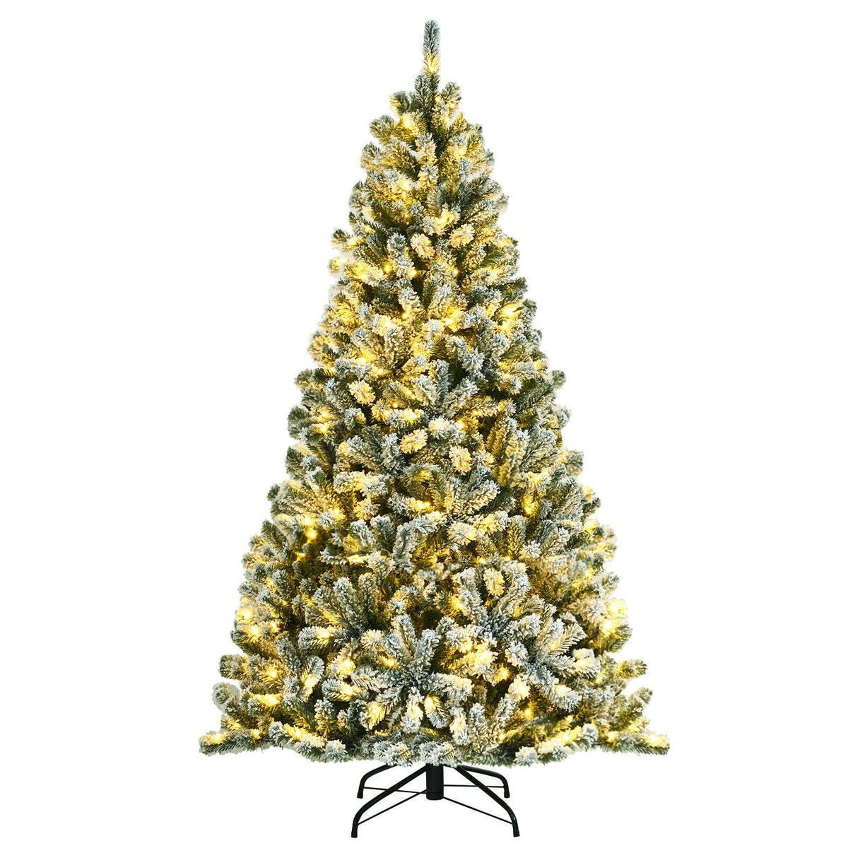 Pre-lit snow flocked Christmas tree with warm yellow lights and metal stand, standalone