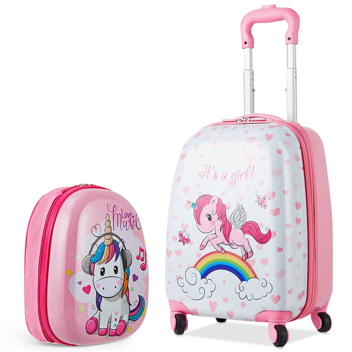Kids 2-piece luggage set with pink unicorn wheeled suitcase and matching mini backpack