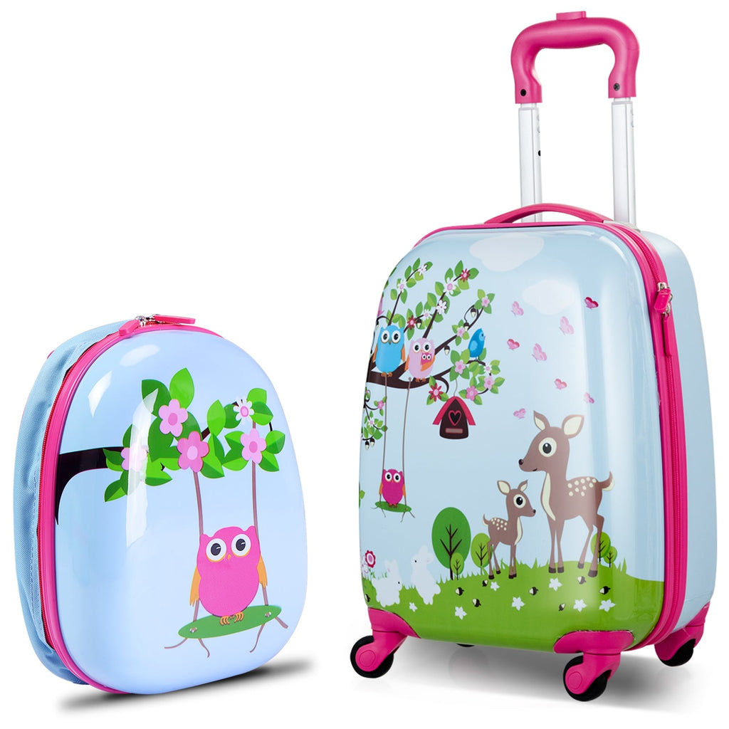 Kids two-piece luggage set: rolling suitcase and backpack, blue with pink trim, animal art