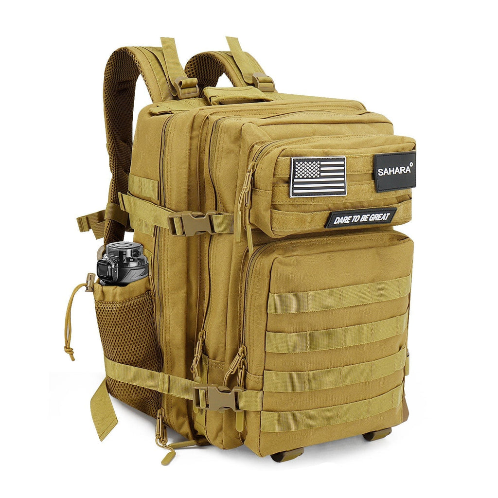 Khaki tactical travel laptop backpack with padded straps, front organizer pockets, side bottle holder