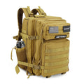 Khaki tactical travel laptop backpack with padded straps, front organizer pockets, side bottle holder