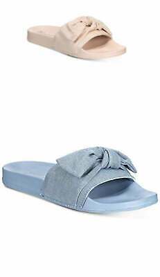Knotted slide slippers showing blush pink and light blue, bow-knot upper and flat sole