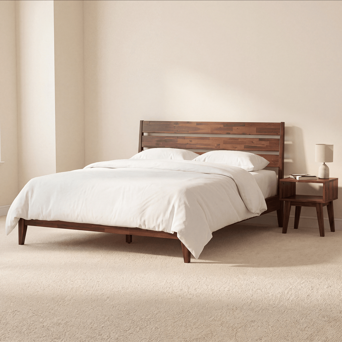 Wood bed frame with white bedding and matching side nightstand, dark tapered legs