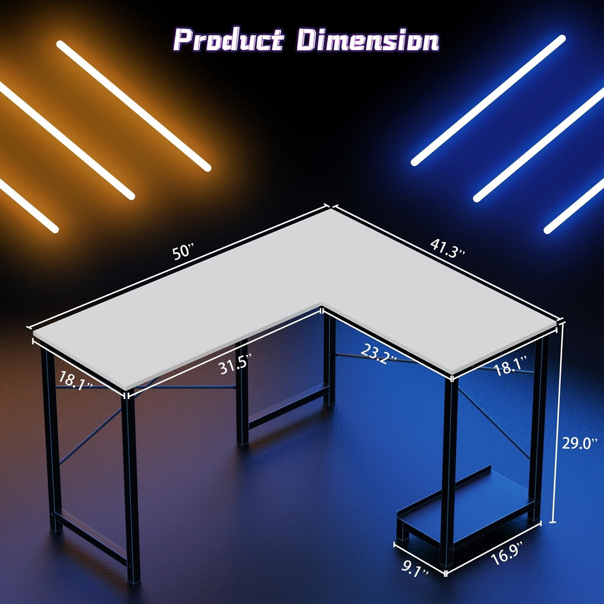 L-shaped corner computer desk with open side storage shelf and storage pocket