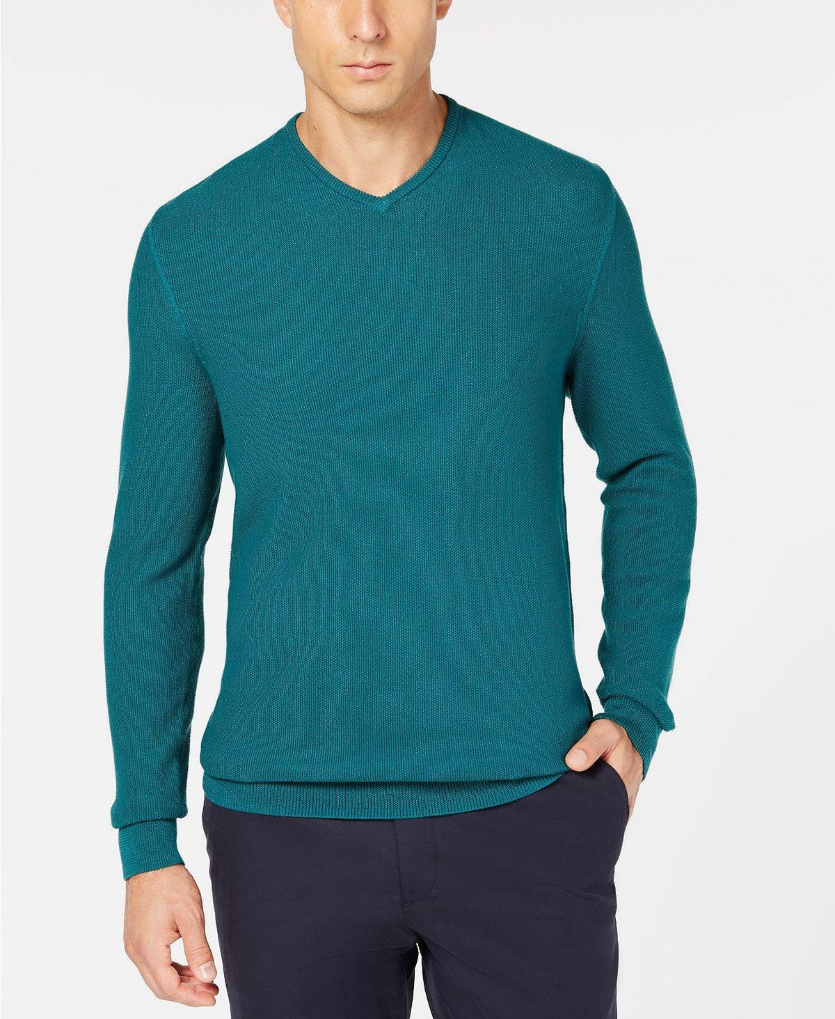 Men's long-sleeve pullover sweater, teal green knit with crew neck