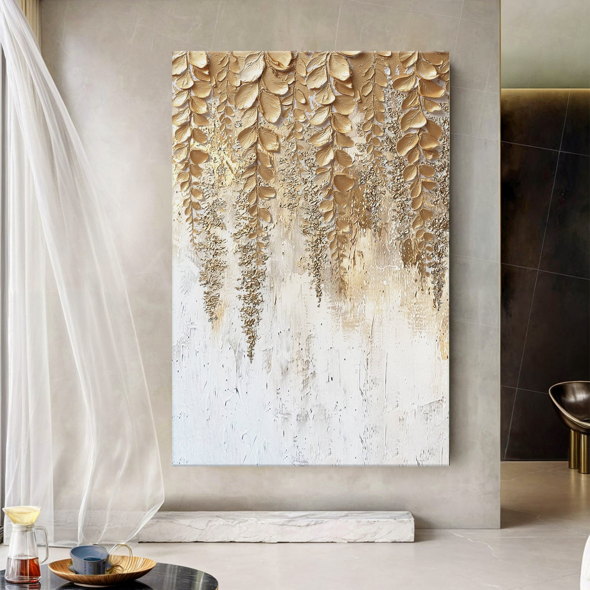 Gold leaf botanical wall art on white canvas with vertical drip texture