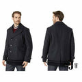 Men's charcoal wool pea coat, double-breasted with notch collar and long sleeves