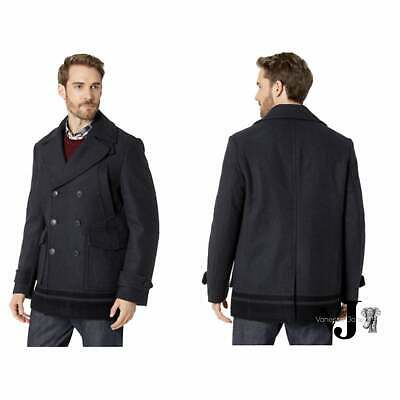 Men's charcoal wool pea coat, double-breasted with notch collar and long sleeves