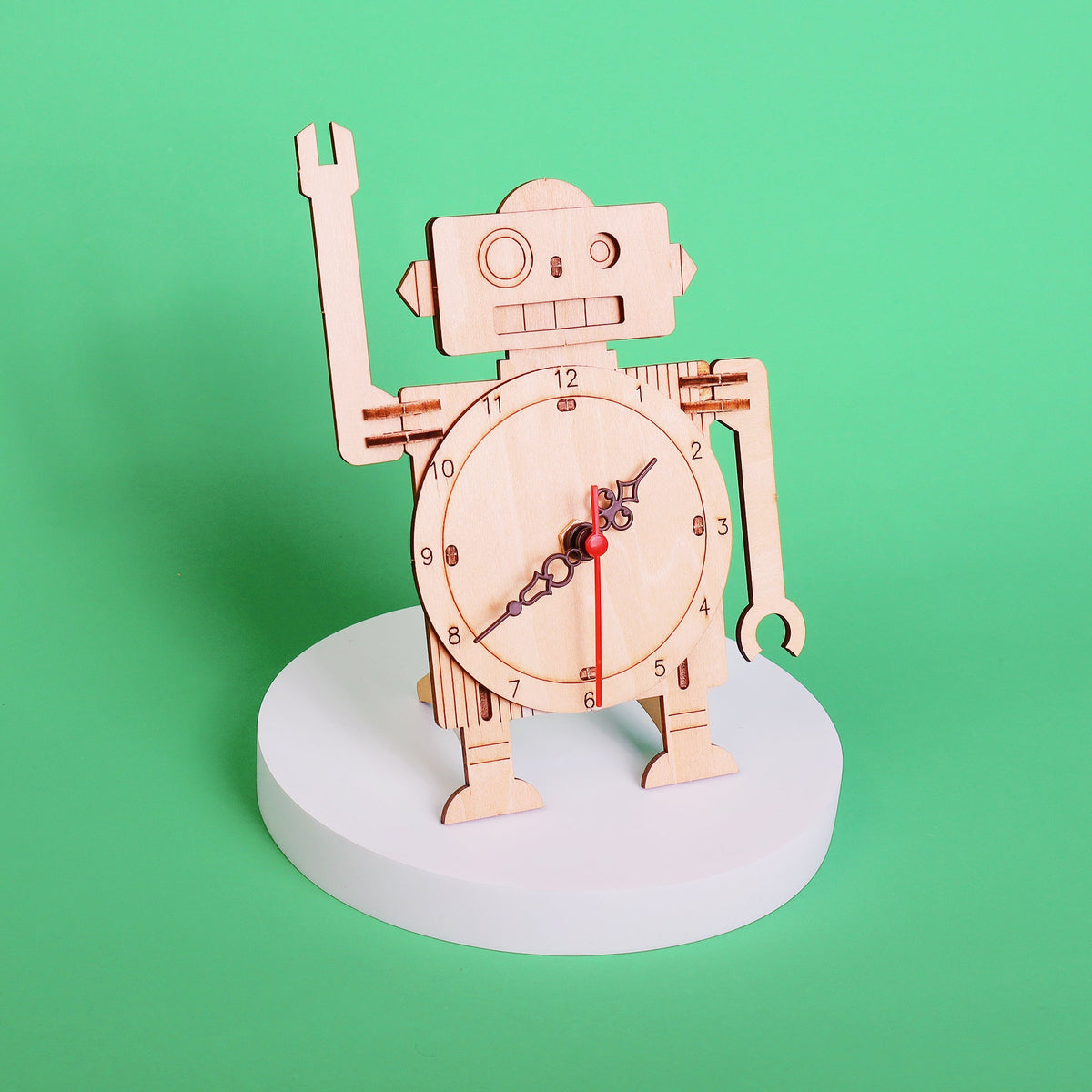Wooden robot clock DIY kit three-quarter view with clock dial and red second hand