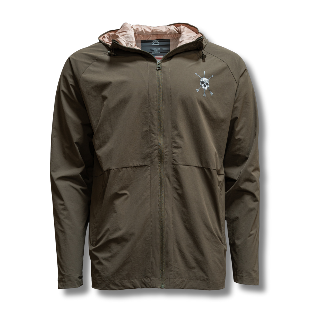 Olive green hooded full-zip jacket with chest skull emblem and pockets
