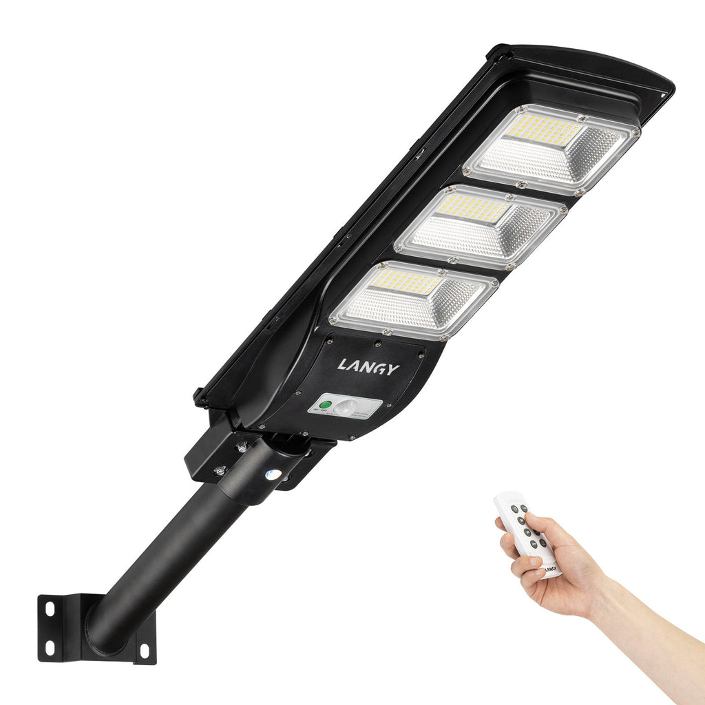 Black solar street LED light with three LED modules and remote control