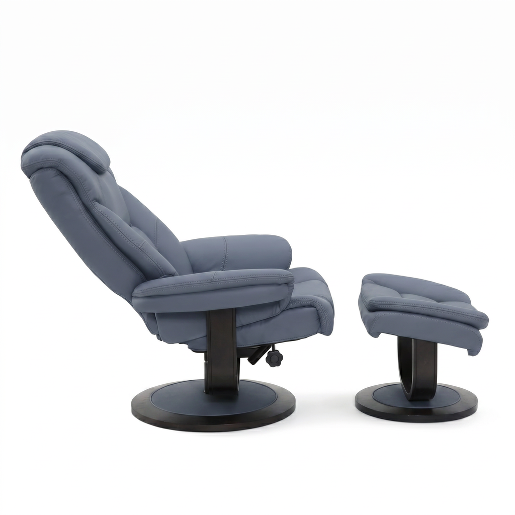 Blue euro recliner and ottoman set on dark round swivel bases