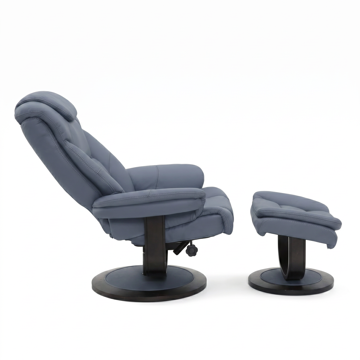 Blue euro recliner and ottoman set on dark round swivel bases
