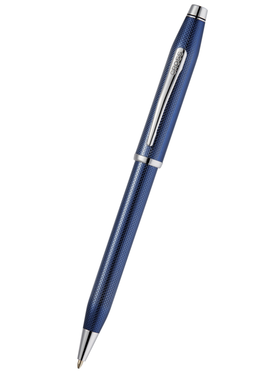 Cobalt blue translucent ballpoint pen with engraved diamond pattern and chrome accents