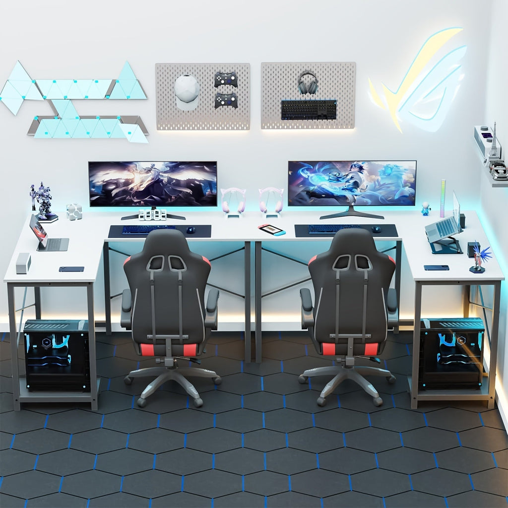 L-shaped gaming desk with two monitors, chairs, and under-desk storage compartments
