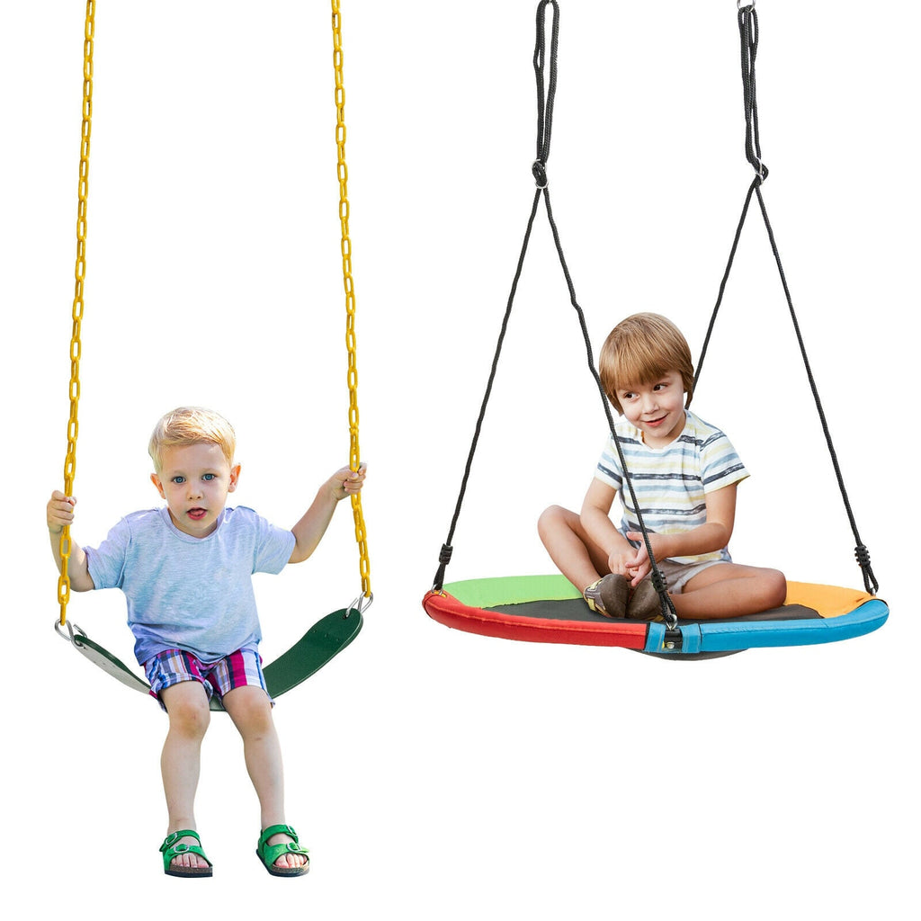 Pair of swing saucer seats with yellow and black chains for children