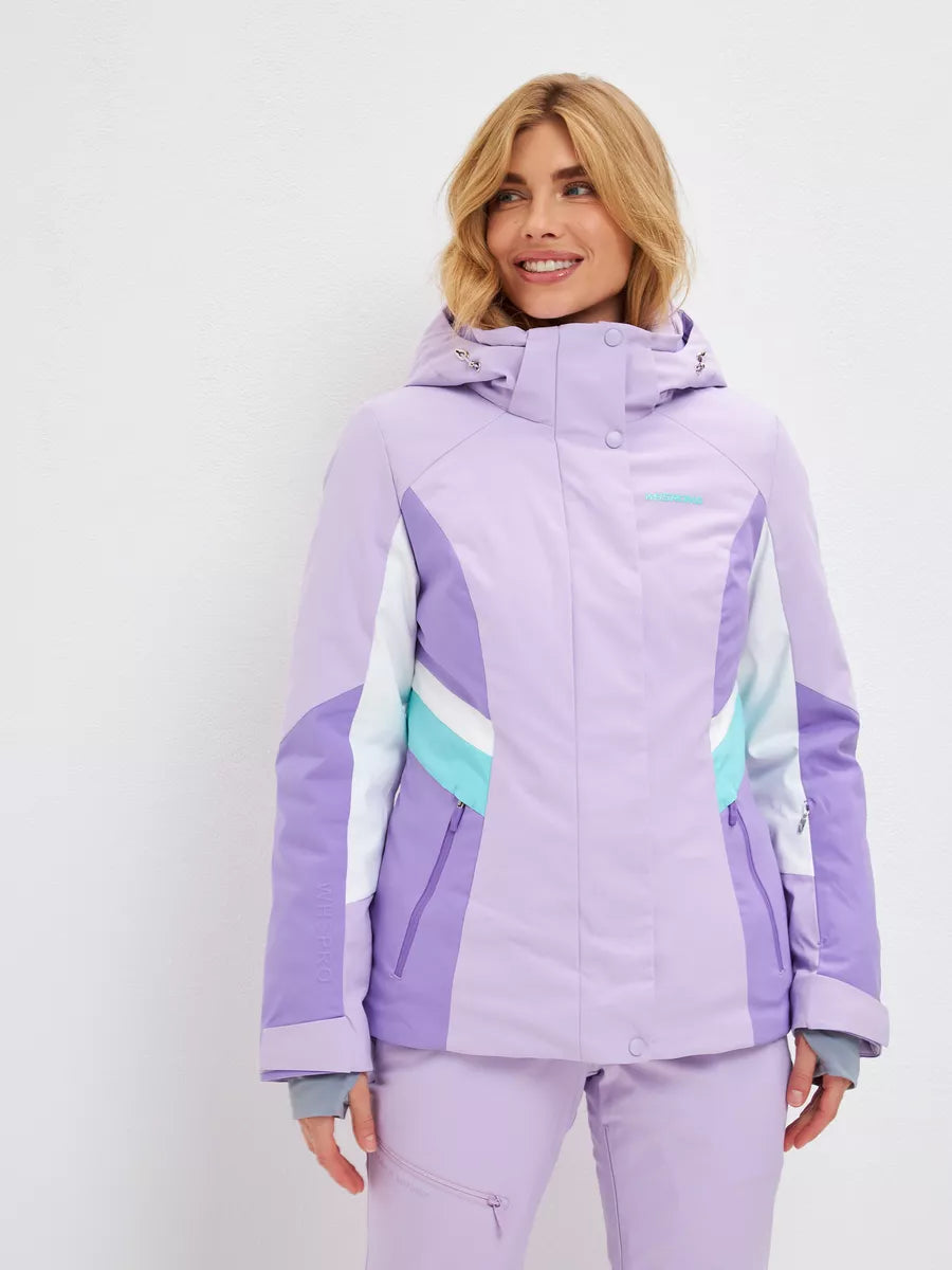 Lilac waterproof insulated ski jacket with hood and colorblock sleeves