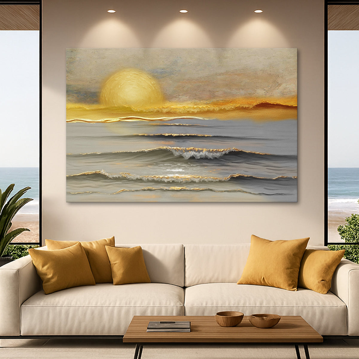 Wall art canvas showing a golden sun over calm ocean waves and distant shoreline.