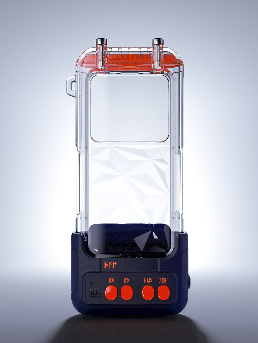 Transparent waterproof phone case with clear front window and orange sealing top.