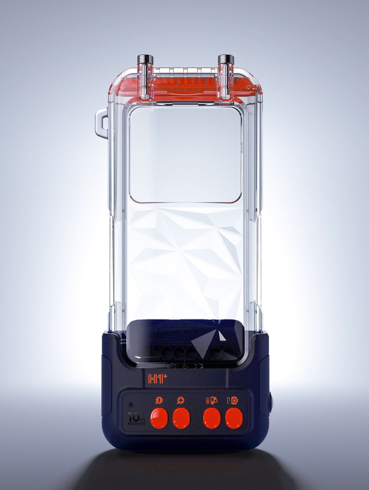 Transparent waterproof phone case with clear front window and orange sealing top.