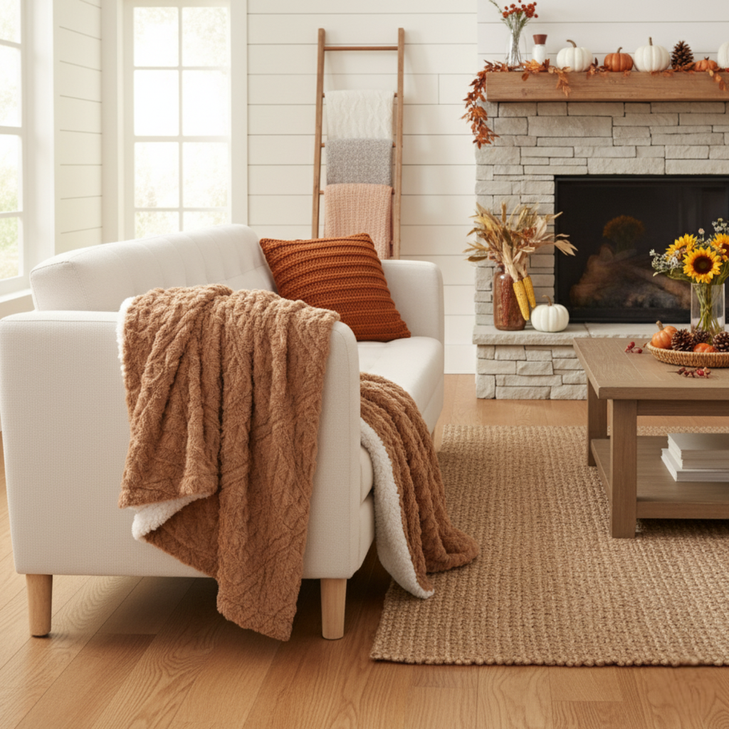 Caramel brown faux fur throw blanket draped on sofa with cream sherpa trim