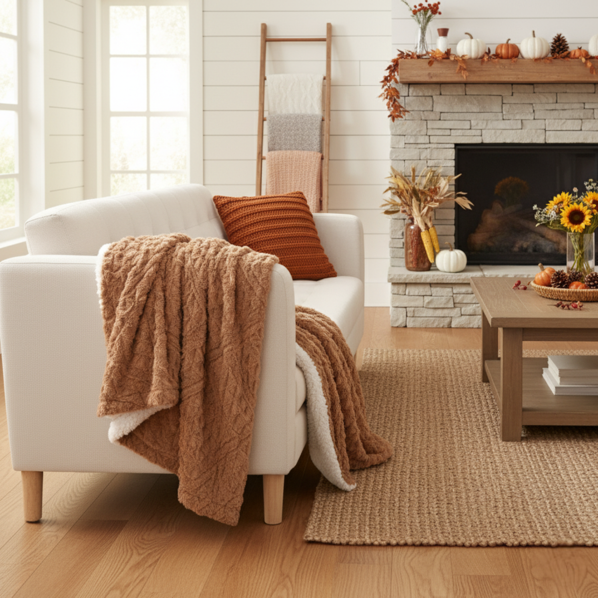 Caramel brown faux fur throw blanket draped on sofa with cream sherpa trim