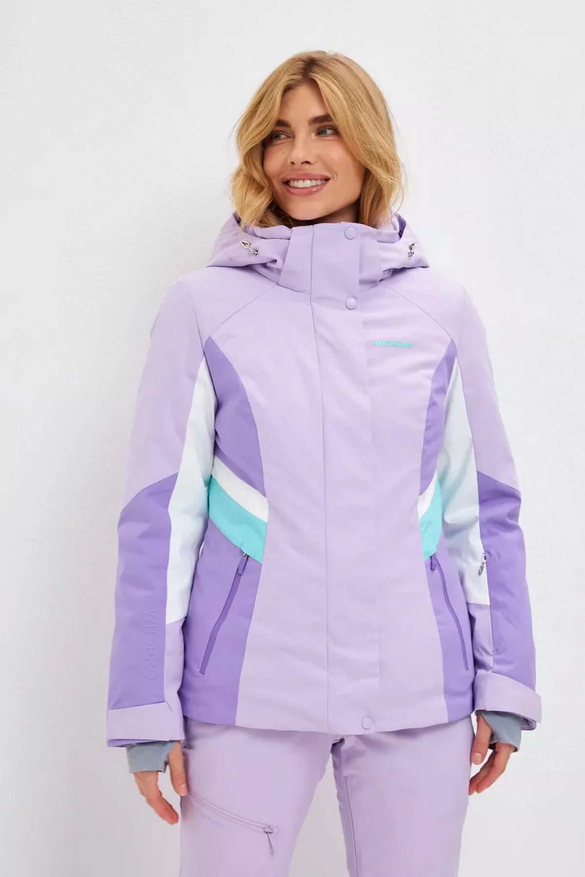Lilac waterproof insulated ski jacket with hood, front zipper, and insulated fit