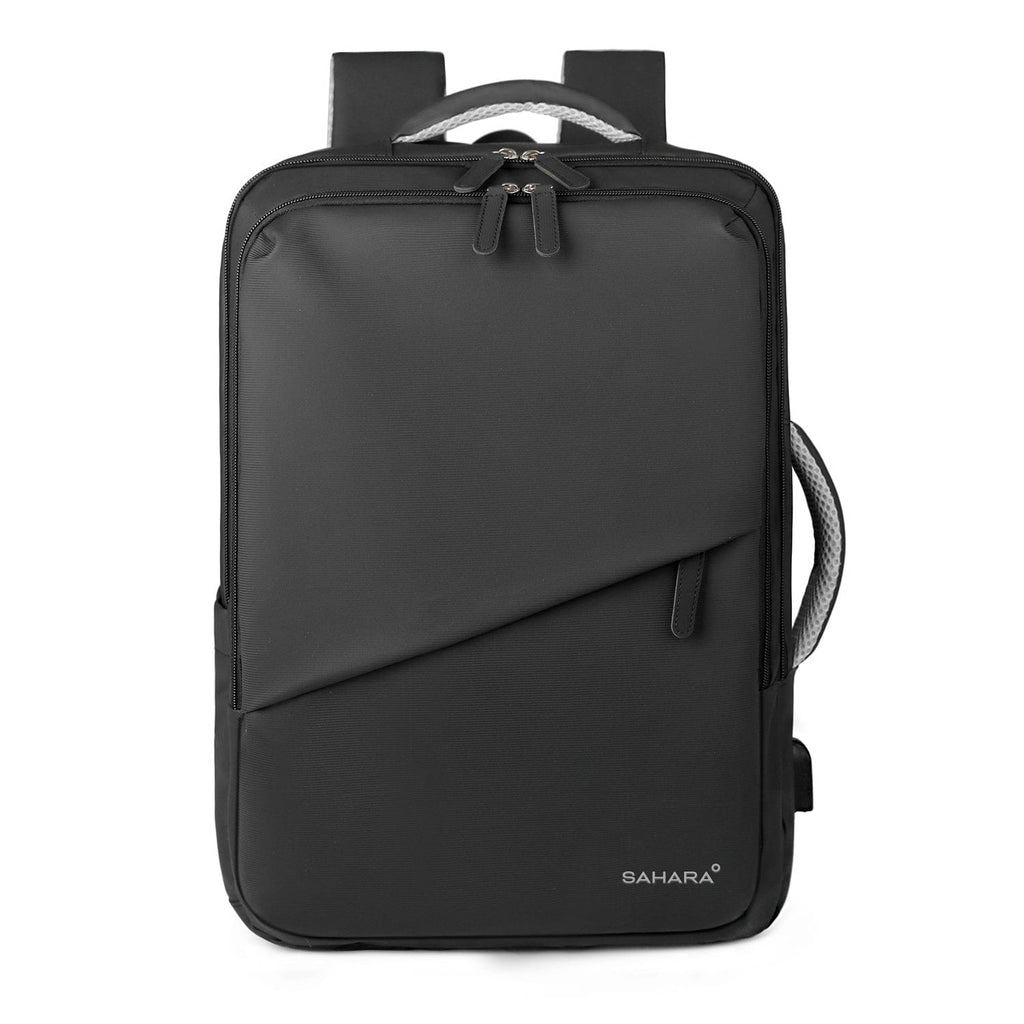 Black laptop travel backpack with top handle and front zip pocket.