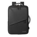 Black laptop travel backpack with top handle and front zip pocket.