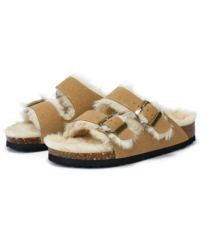 Tan suede fur-lined slippers with double adjustable buckles and fuzzy side trim