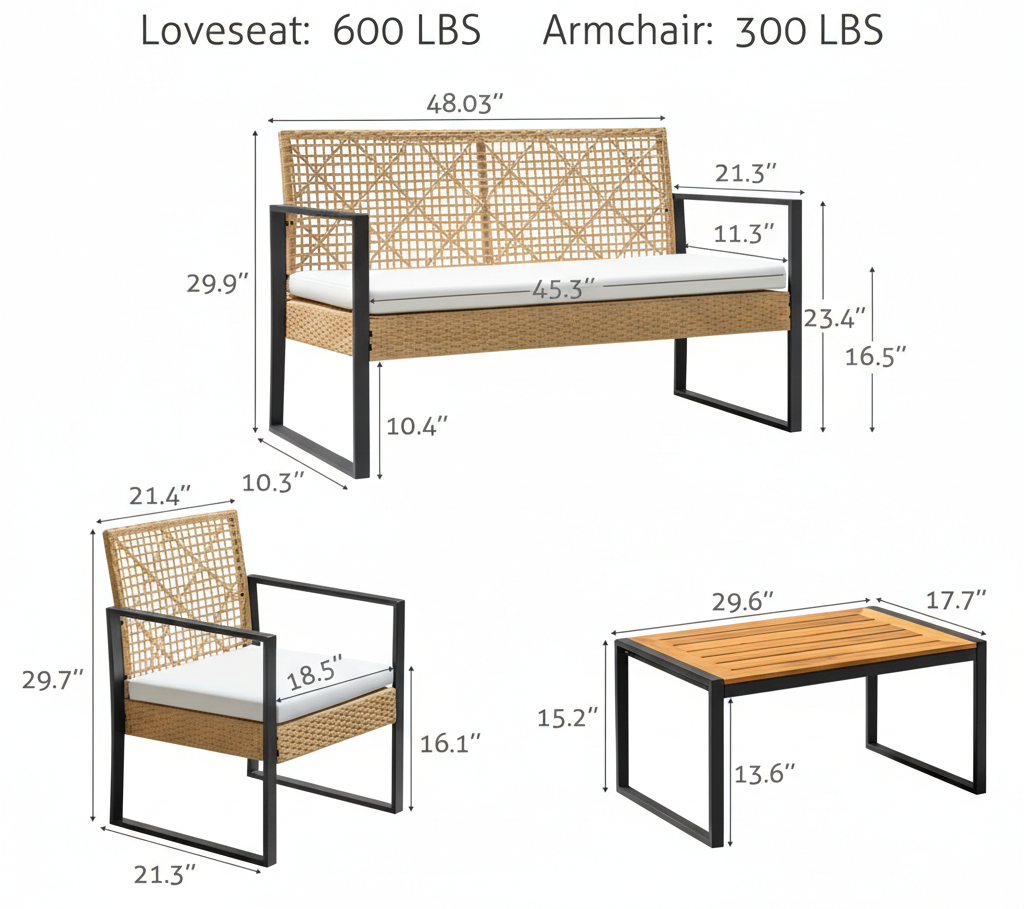 Wicker outdoor loveseat and armchair set with beige cushions, tan lattice backs, black frames