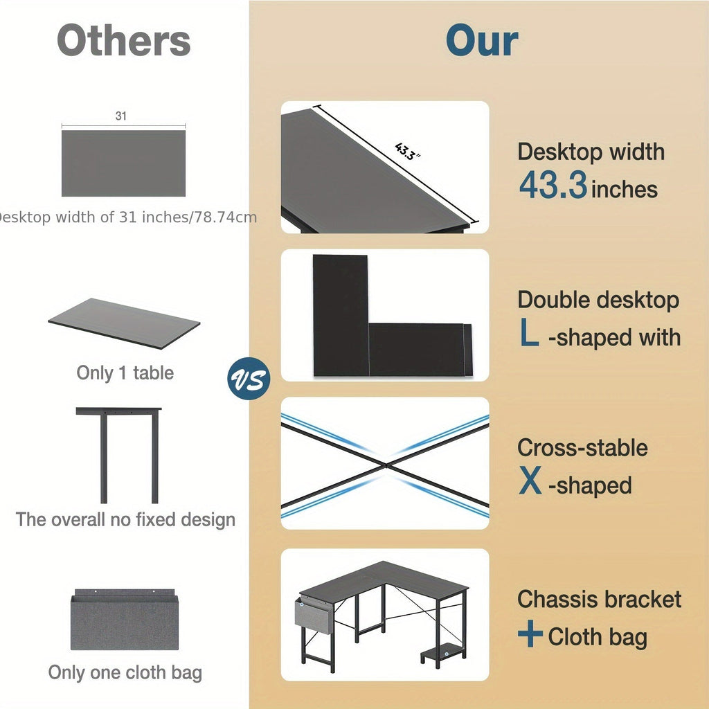L-shaped corner desk design diagram showing double desktop and cross-stable frame