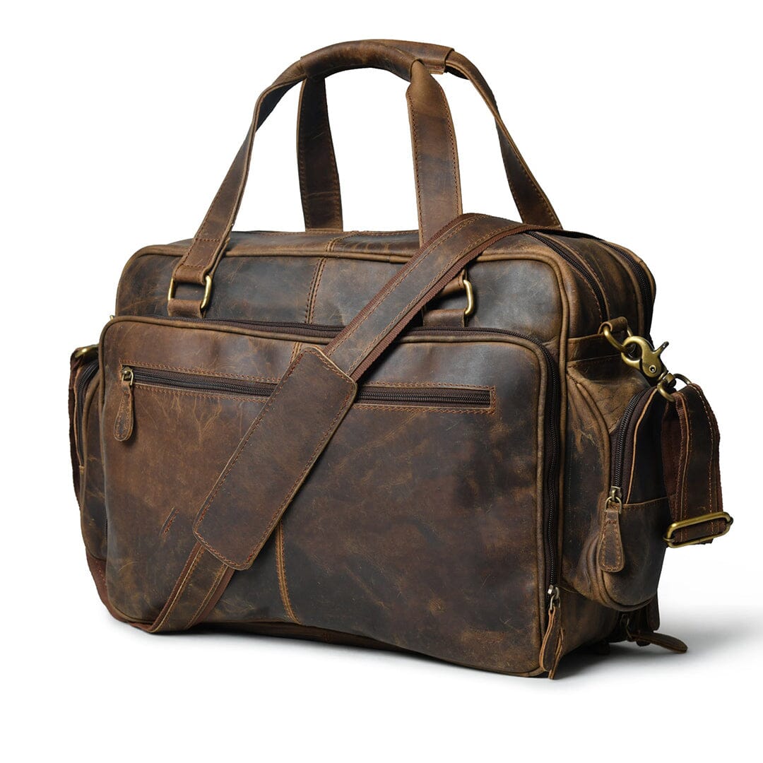 Brown leather office briefcase with front zip pockets and adjustable shoulder strap