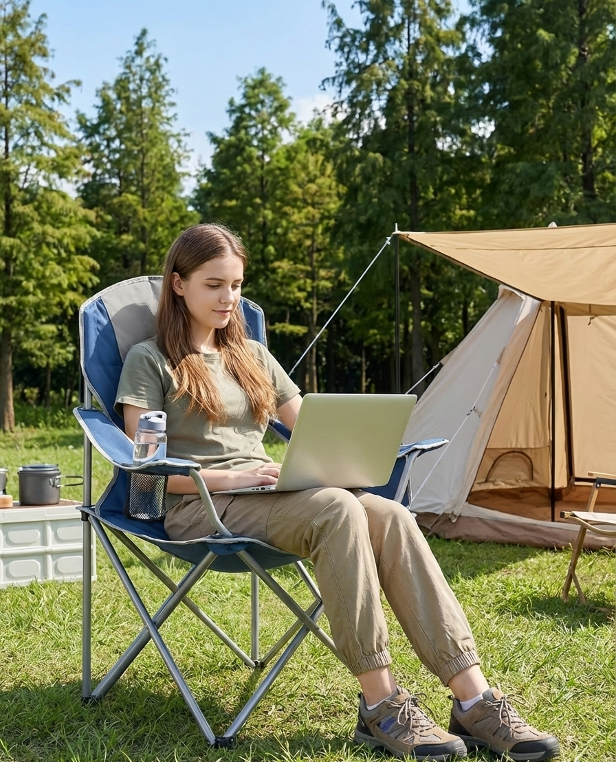 Blue folding camping chair with padded backrest and side cooler pocket, person seated outdoors