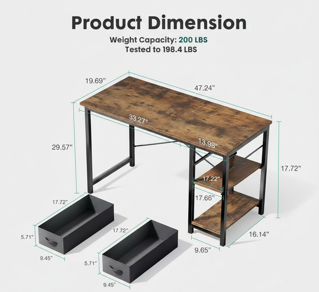 Desk dimension diagram with measured tabletop, drawers, and open storage shelf