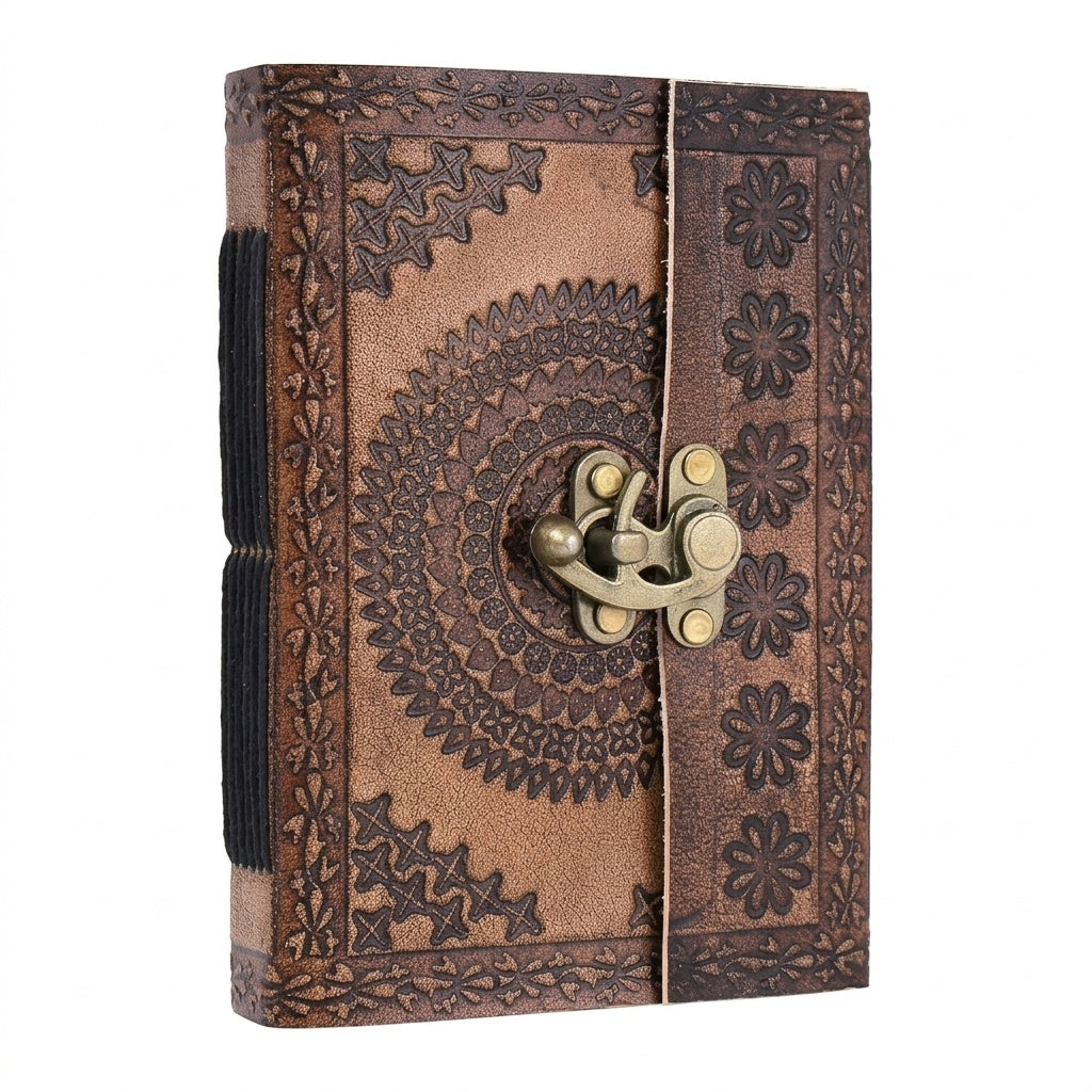 Handmade leather journal with ornate brown cover and brass lock clasp, front view