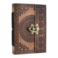 Handmade leather journal with ornate brown cover and brass lock clasp, front view
