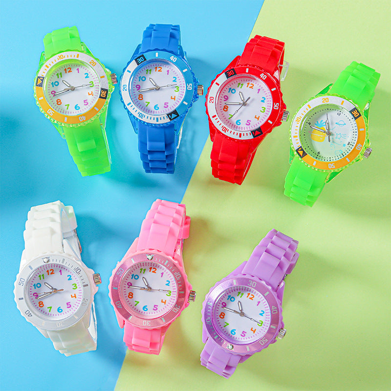 Kids analog wristwatch set with neon silicone bands and waterproof quartz dials